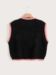 Plus Floral Patched Contrast Trim Sweater Vest - Black - View 2