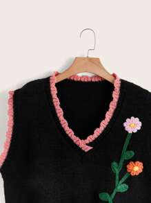 Plus Floral Patched Contrast Trim Sweater Vest - Black - View 3