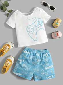 SHEIN Đứa bé trai In Gamepad Áo thun & Đồ họa Chữ cái Quần short - Xanh và trắng - Xem 1