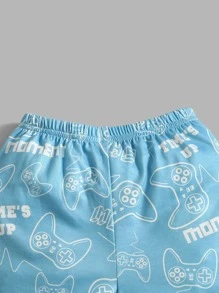 SHEIN Đứa bé trai In Gamepad Áo thun & Đồ họa Chữ cái Quần short - Xanh và trắng - Xem 3