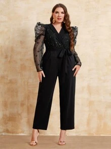 Modelyn Jumpsuits Plus Size Thắt lưng Tương phản Mesh Trọn gói màu trơn Thanh lịch - màu đen - Xem 1