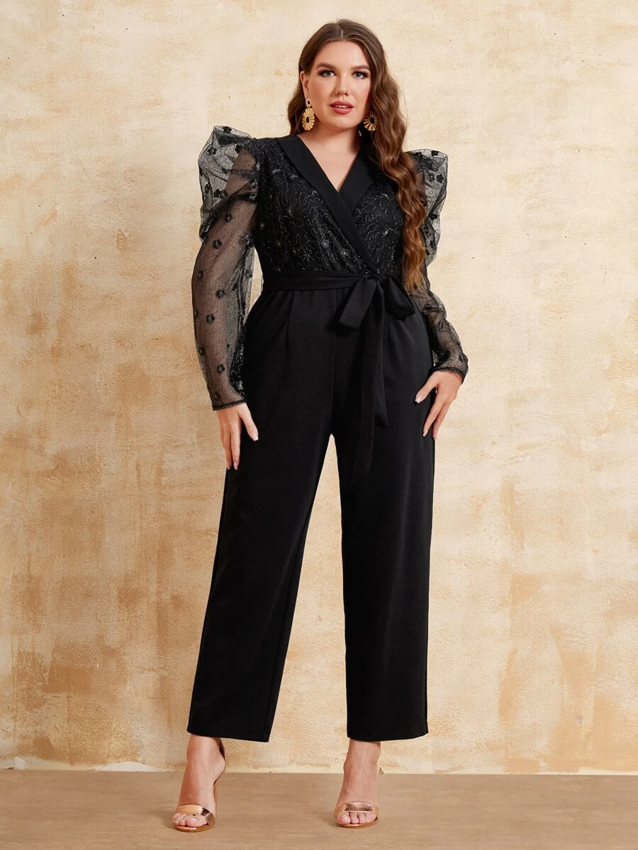 Modelyn Jumpsuits Plus Size Thắt lưng Tương phản Mesh Trọn gói màu trơn Thanh lịch - màu đen - Xem 1