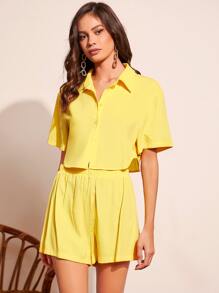 SHEIN VCAY Camisa unicolor con botón delantero & shorts - Amarillo - Ver 4