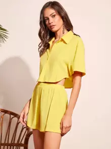 SHEIN VCAY Camisa unicolor con botón delantero & shorts - Amarillo - Ver 6
