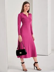 Modelyn 拼接邊條紋針織毛衣洋裝 - 玫紅色 - 查看 3