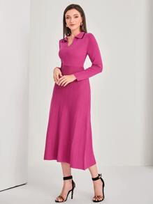 Modelyn 拼接邊條紋針織毛衣洋裝 - 玫紅色 - 查看 4