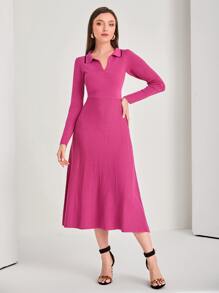 Modelyn 拼接邊條紋針織毛衣洋裝 - 玫紅色 - 查看 5