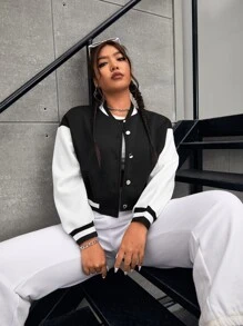 CovetEZ áo khoác kích thước lớn Túi Nút phía trước Khối Màu Sẵn sàng - màu đen - Xem 2