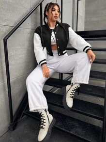 CovetEZ áo khoác kích thước lớn Túi Nút phía trước Khối Màu Sẵn sàng - màu đen - Xem 5