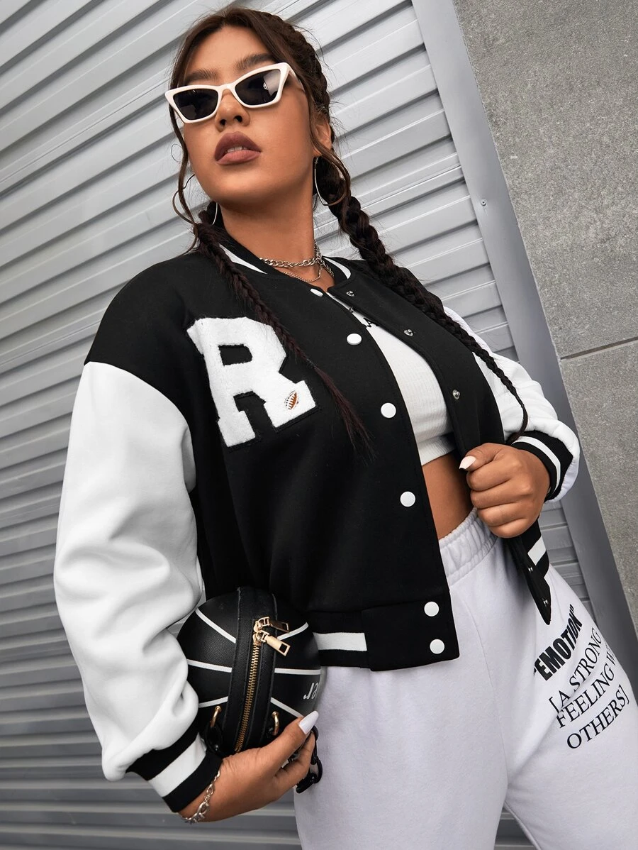 SHEIN EZwear Plus Letter Patch Detail Two Tone Drop Shoulder Varsity Jacket - Black - View 1