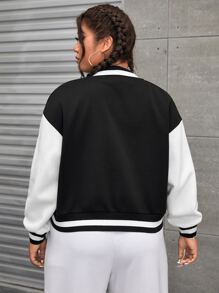 SHEIN EZwear Plus Letter Patch Detail Two Tone Drop Shoulder Varsity Jacket - Black - View 2