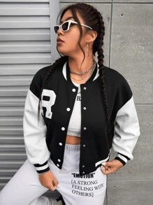 SHEIN EZwear Plus Letter Patch Detail Two Tone Drop Shoulder Varsity Jacket - Black - View 3