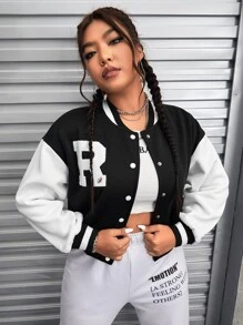 SHEIN EZwear Plus Letter Patch Detail Two Tone Drop Shoulder Varsity Jacket - Black - View 4