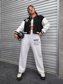 SHEIN EZwear Plus Letter Patch Detail Two Tone Drop Shoulder Varsity Jacket - Black - View 5