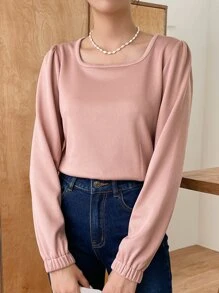 DAZY Camiseta tejida de canalé de manga farol - Rosa vieja - Ver 7