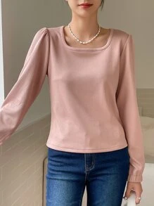 DAZY Camiseta tejida de canalé de manga farol - Rosa vieja - Ver 3