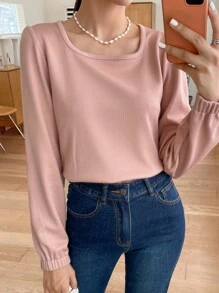 DAZY Camiseta tejida de canalé de manga farol - Rosa vieja - Ver 1