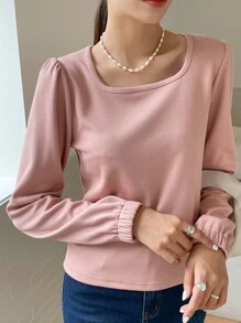 DAZY Camiseta tejida de canalé de manga farol - Rosa vieja - Ver 6