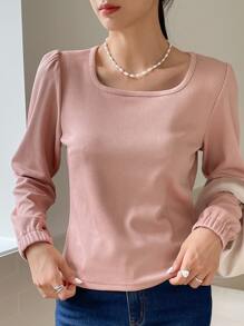 DAZY Camiseta tejida de canalé de manga farol - Rosa vieja - Ver 4