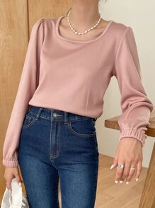 DAZY Camiseta tejida de canalé de manga farol - Rosa vieja - Ver 8