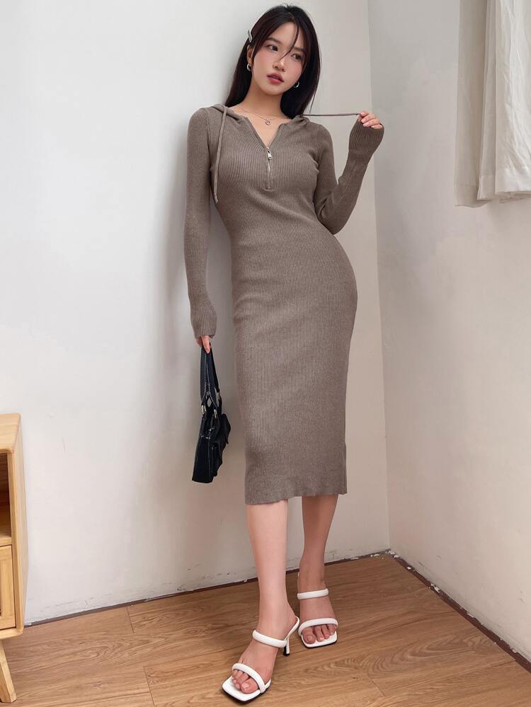 Rib-Knit Zipper Front Drawstring Hooded Sweater Dress,Fall Women Clothes