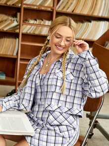 SHEIN Unity Plus Plaid Flap Pocket Drop Shoulder Jacket - Multicolor - View 3