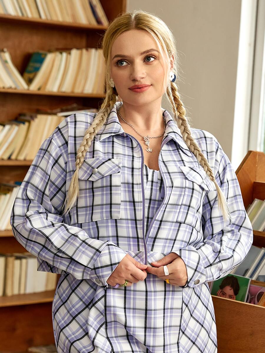 SHEIN Unity Plus Plaid Flap Pocket Drop Shoulder Jacket - Multicolor - View 1