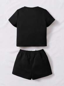 SHEIN Đứa bé trai Chi tiết Patched thư Áo thun & Tie Trước Quần short - màu đen - Xem 2
