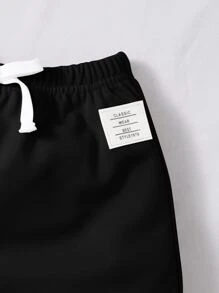 SHEIN Đứa bé trai Chi tiết Patched thư Áo thun & Tie Trước Quần short - màu đen - Xem 4