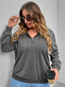 SHEIN LUNE Plus Half Zip Sweatshirt - Dark Grey - View 1