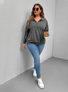 SHEIN LUNE Plus Half Zip Sweatshirt - Dark Grey - View 4