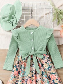 SHEIN Toddler Girls Floral Print Ruffle Trim Belted Dress - Multicolor - View 4