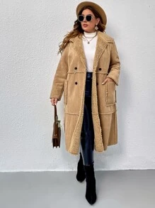 SHEIN LUNE Plus Double Breasted Thermal Lined Coat - Khaki - View 1