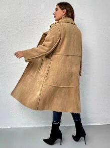 SHEIN LUNE Plus Double Breasted Thermal Lined Coat - Khaki - View 2