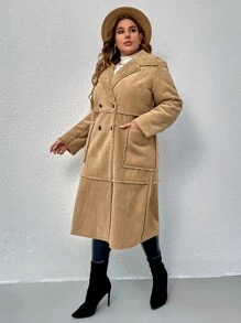 SHEIN LUNE Plus Double Breasted Thermal Lined Coat - Khaki - View 3