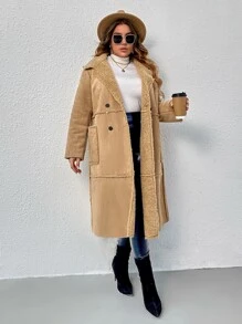 SHEIN LUNE Plus Double Breasted Thermal Lined Coat - Khaki - View 4