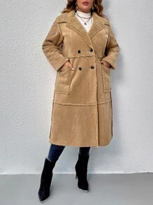 SHEIN LUNE Plus Double Breasted Thermal Lined Coat - Khaki - View 5