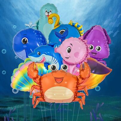 9 件海洋生物造型气球，卡通动物装饰气球，适合生日派对