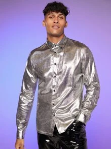 Manfinity Hombres Camisa de color metálico con botón delantero - Plateado - Ver 2