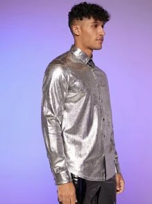 Manfinity Hombres Camisa de color metálico con botón delantero - Plateado - Ver 1