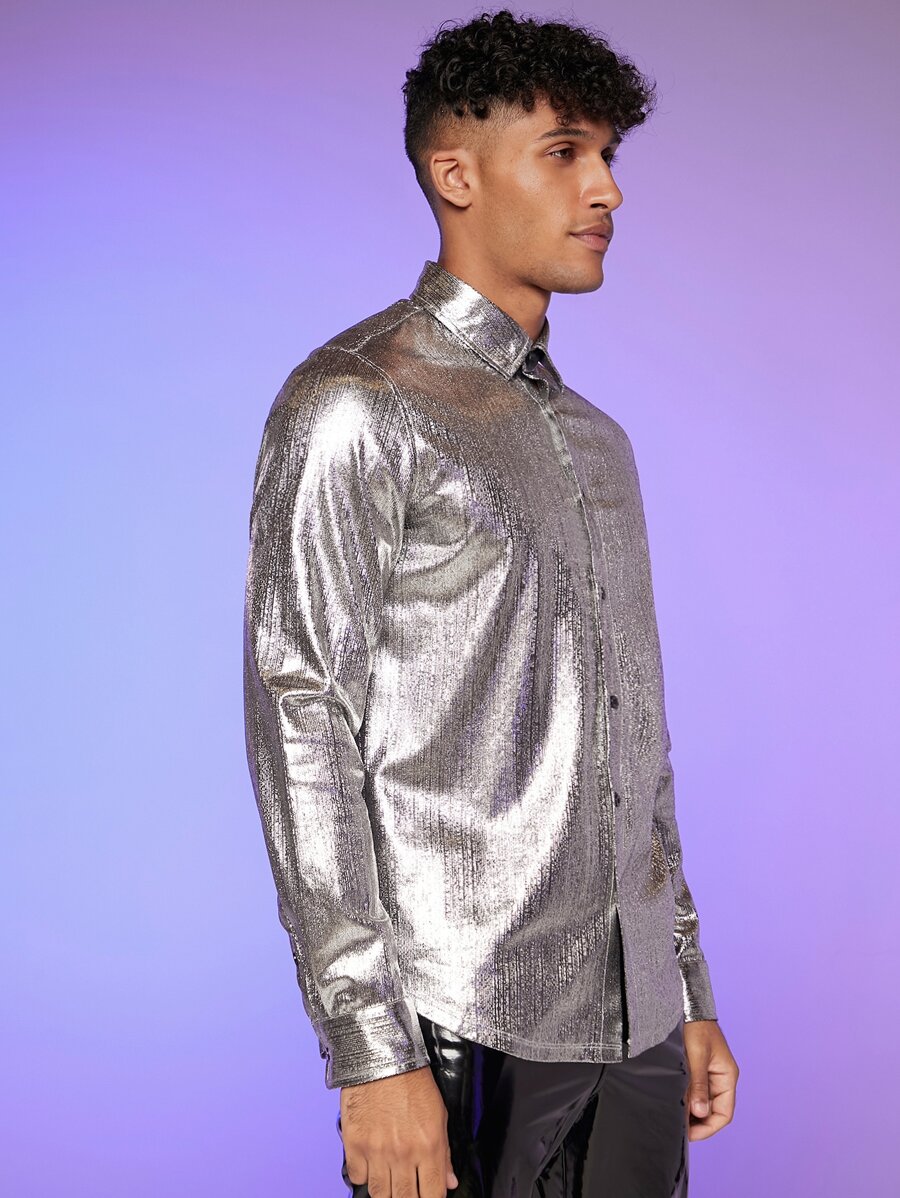 Manfinity Hombres Camisa de color metálico con botón delantero - Plateado - Ver 1