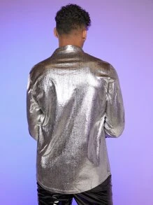 Manfinity Hombres Camisa de color metálico con botón delantero - Plateado - Ver 3