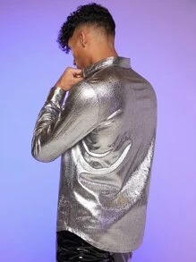 Manfinity Hombres Camisa de color metálico con botón delantero - Plateado - Ver 5