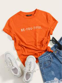 SHEIN EZwear 口号图案 T 恤 BE-YOU-TIFUL - 橘色 - 查看 1