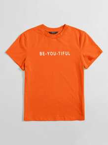 SHEIN EZwear 口号图案 T 恤 BE-YOU-TIFUL - 橘色 - 查看 3