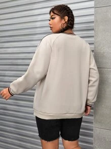 SHEIN EZwear Plus Letter Graphic Contrast Binding Raglan Sleeve Sweatshirt - Apricot - View 2