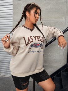 SHEIN EZwear Plus Letter Graphic Contrast Binding Raglan Sleeve Sweatshirt - Apricot - View 3