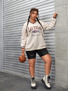 SHEIN EZwear Plus Letter Graphic Contrast Binding Raglan Sleeve Sweatshirt - Apricot - View 4