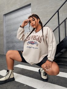 SHEIN EZwear Plus Letter Graphic Contrast Binding Raglan Sleeve Sweatshirt - Apricot - View 5