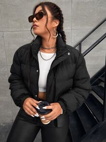 SHEIN EZwear Plus Zip Up Snap Button Padded Coat, For Winter Fall Autumn - Black - View 2